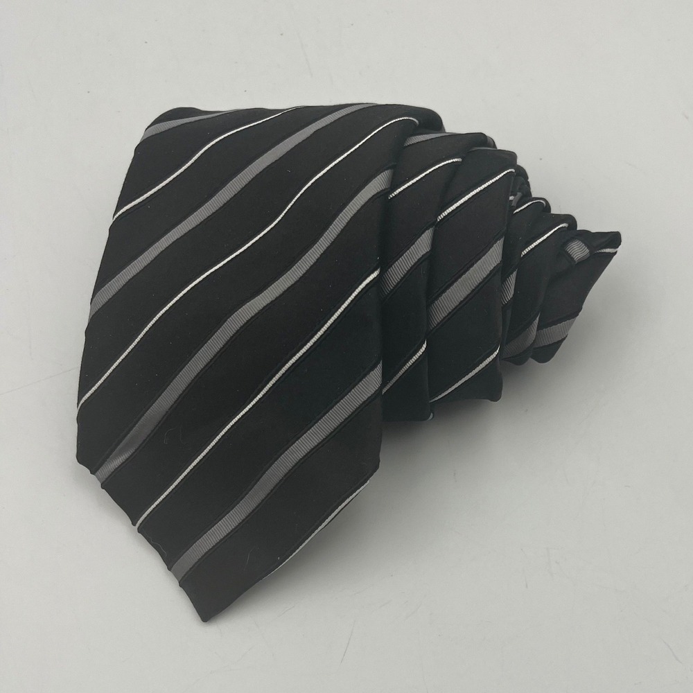 Canali Mens Silk Necktie Black Grey White Diagonal Stripe Made in Italy 3.75"